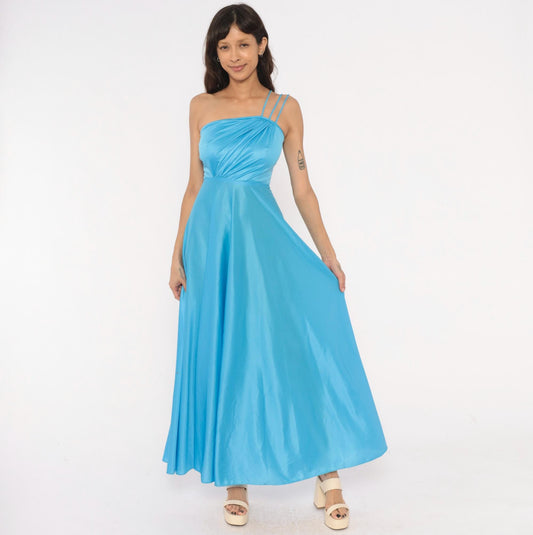70s Sky Blue One-Shoulder Maxi Gown Asymmetric Draped Bodice Floor Length Extra Small XS