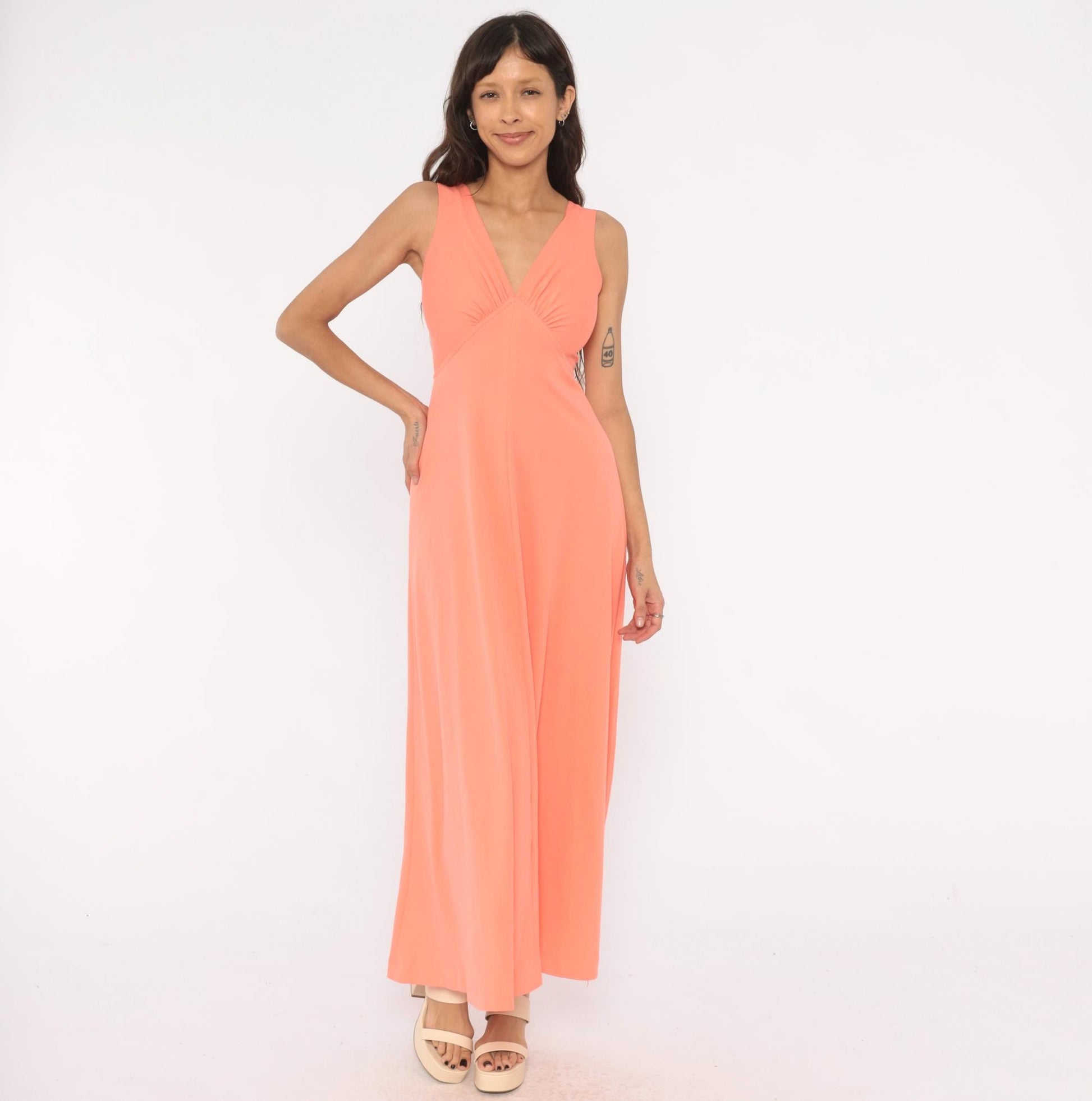 70s Coral Maxi Dress Sleeveless V Neck Empire Waist A-Line Small S