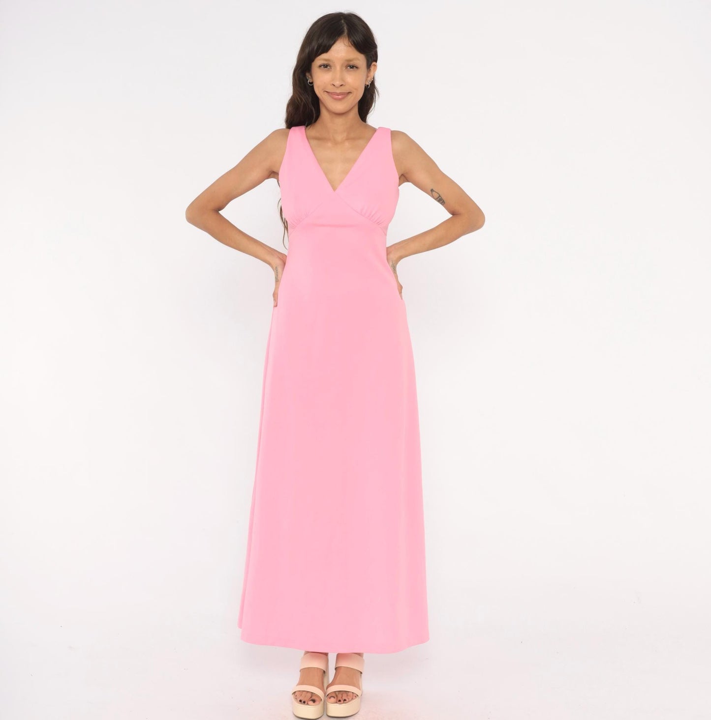 70s Bubblegum Pink Maxi Dress V Neck Empire Waist A Line Ankle Length Medium M