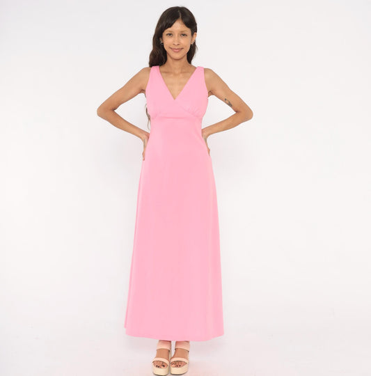 70s Bubblegum Pink Maxi Dress V Neck Empire Waist A Line Ankle Length Medium M