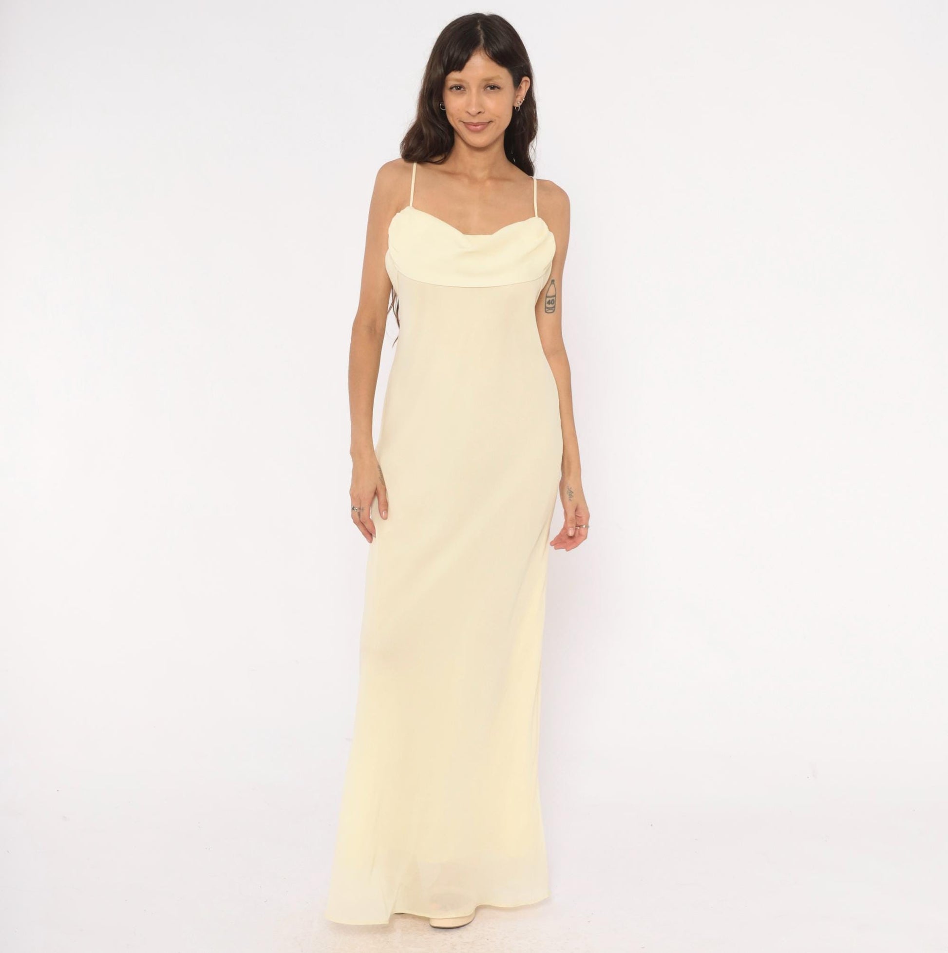 70s Jody Pale Yellow Cowl Neck Maxi Gown Spaghetti Strap Medium M