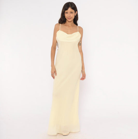 70s Jody Pale Yellow Cowl Neck Maxi Gown Spaghetti Strap Medium M