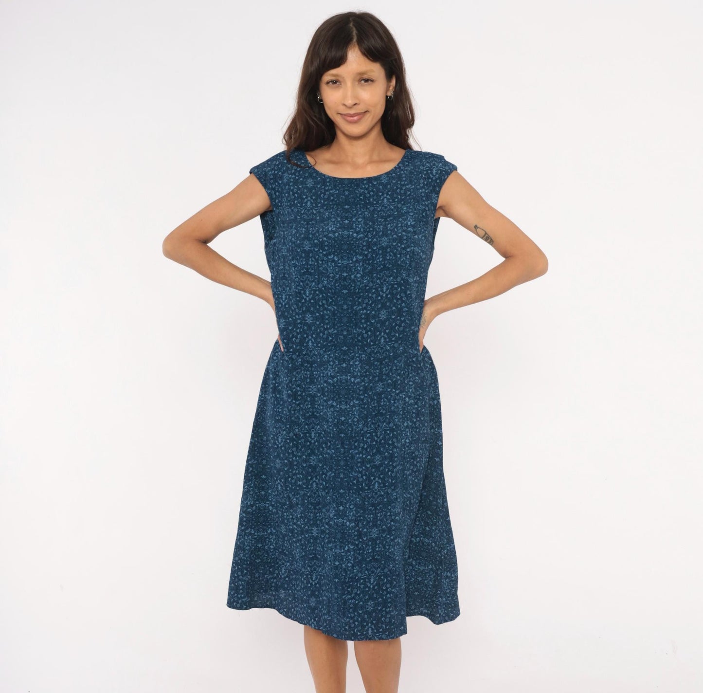 90s Talbots Indigo Floral Cotton Shift Dress Navy Cap Sleeve Large L