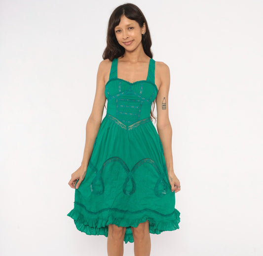 Y2K Free People Teal Lace Corset Sundress Sweetheart Neckline Cotton XS