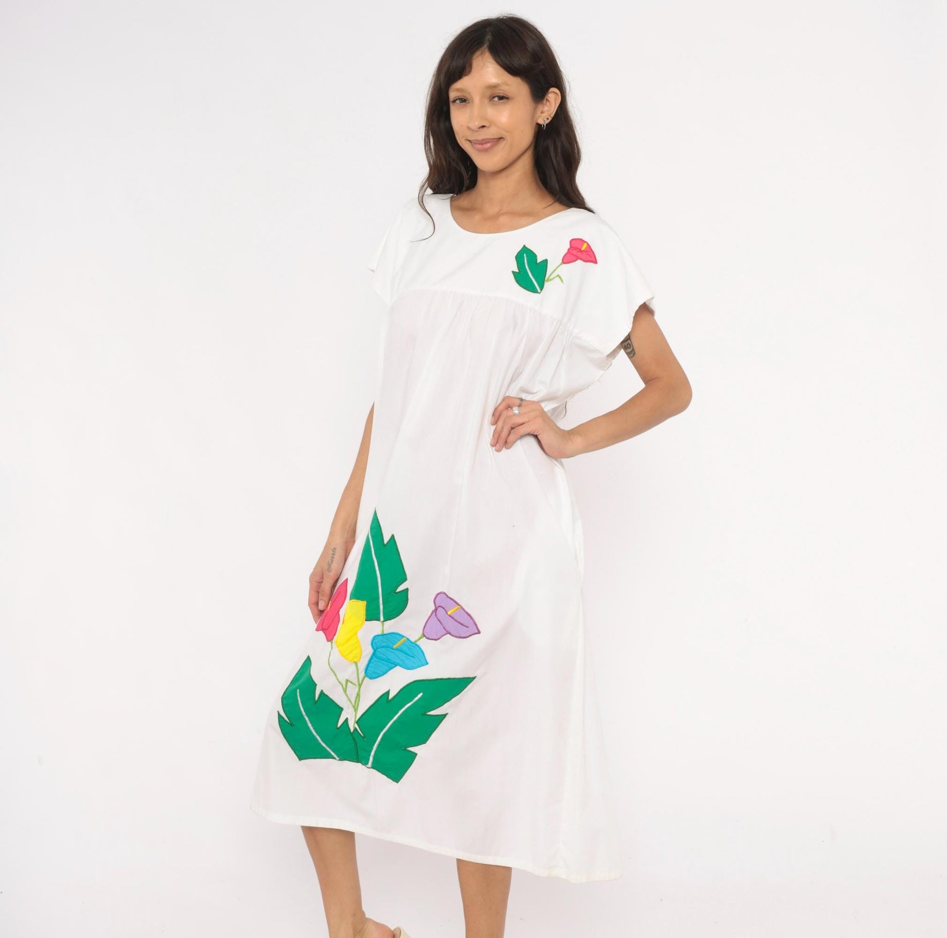 90s Bordados Tiscareño Tropical Appliqué Midi Dress White Cotton Calla Lily Large