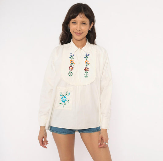 70s Mexican Embroidered Floral Blouse Cream Cotton Peasant Top Medium