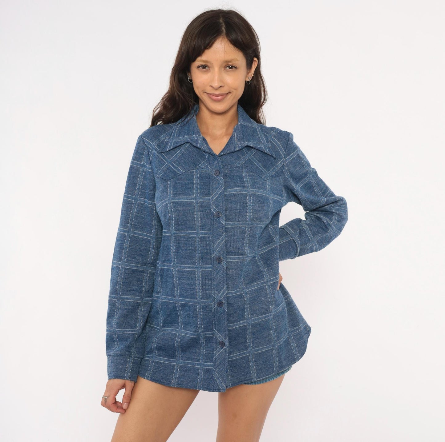 70s Sears Fashions Windowpane Plaid Shirt Navy Blue Pointed Collar Tunic Large