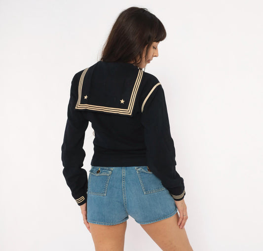 1940s Navy Wool Sailor Middy Blouse Embroidered Stars Small