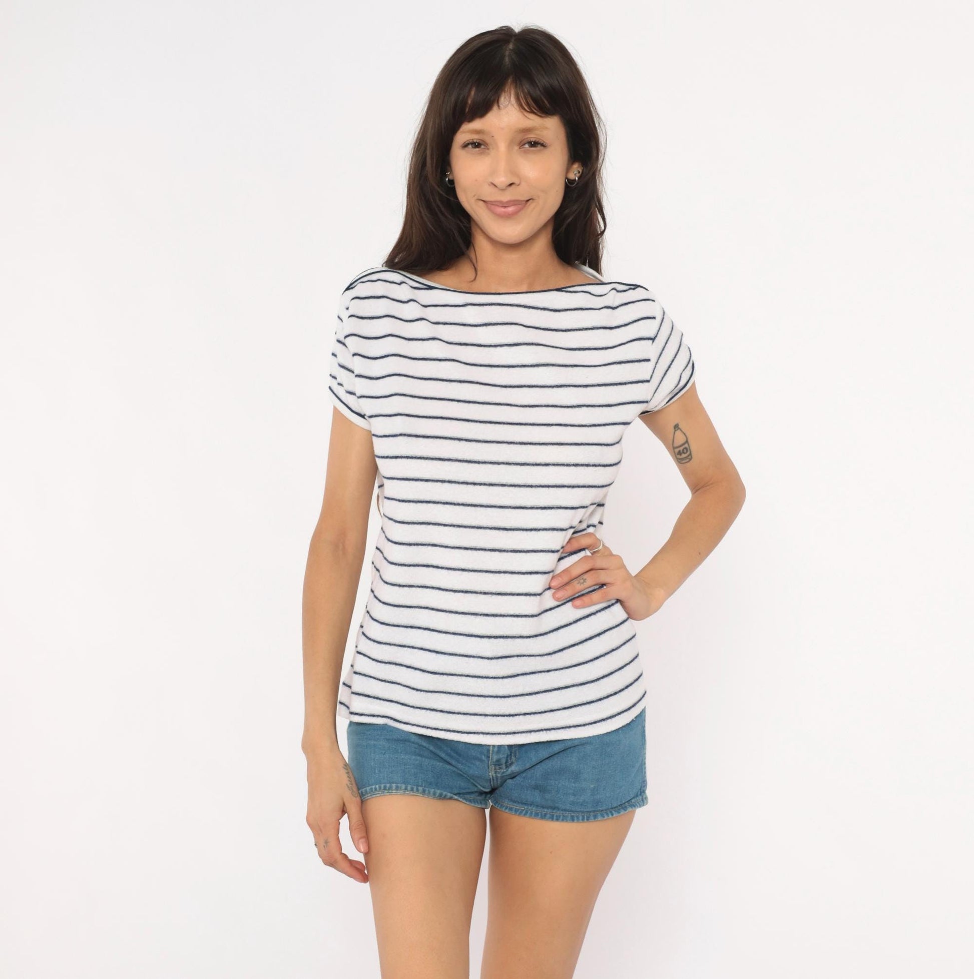 80s Catch One Striped Boat Neck Top White Navy Breton Knit Large L