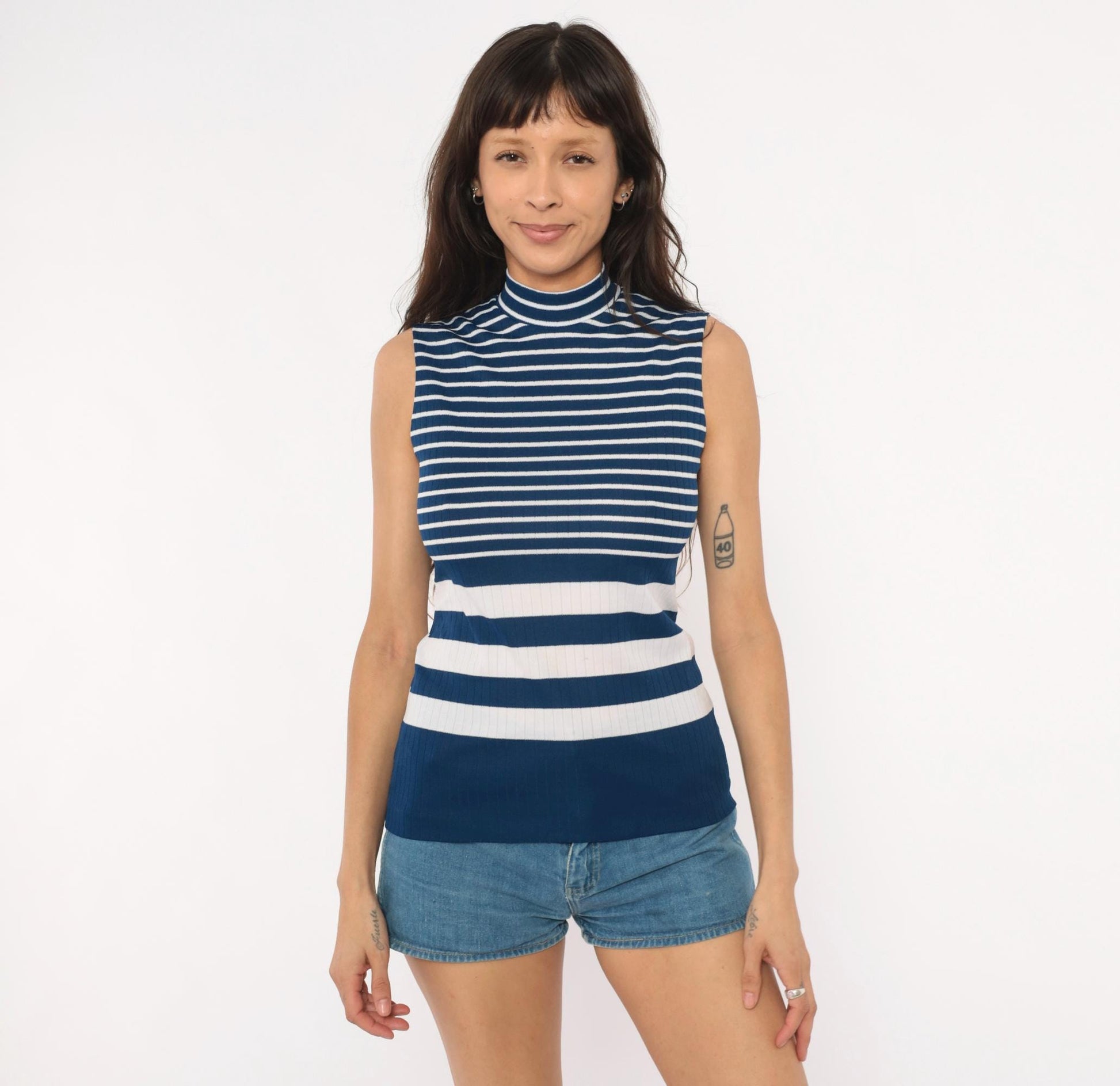 70s Navy White Striped Mock Neck Tank Ribbed Knit Sleeveless Top Small