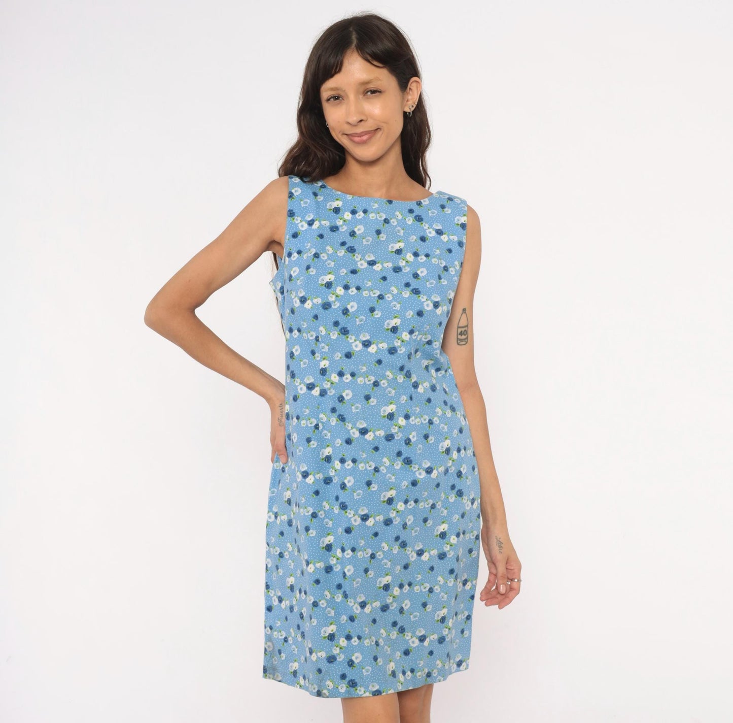 90s Cdc Floral Shift Dress Sky Blue Cotton Sleeveless Medium