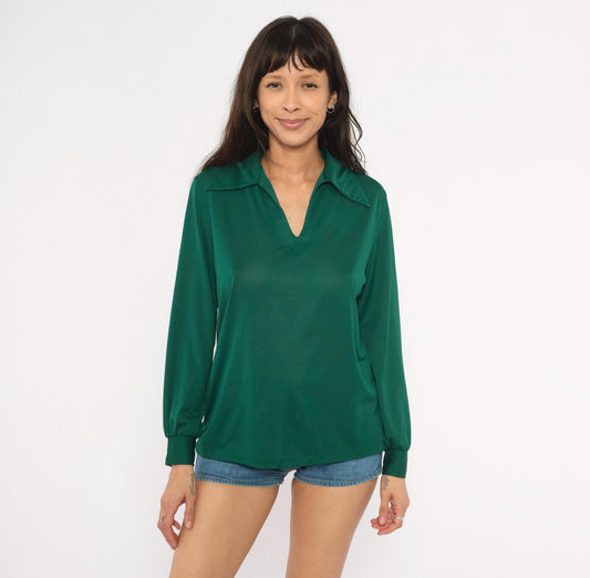 70s Sears Emerald Polo Blouse V-Neck Spread Collar Balloon Sleeve Large
