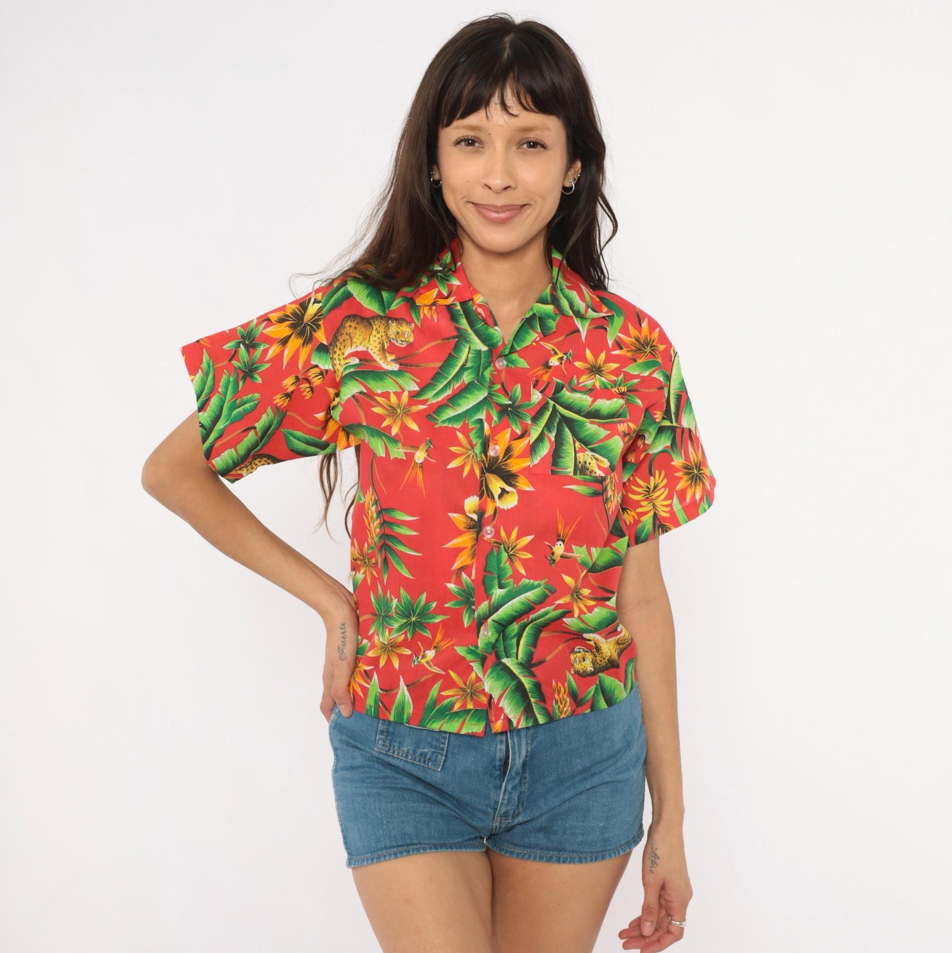 80s Jungle Leopard Hawaiian Shirt Red Tropical Cotton Rayon Camp Collar Extra Small XS