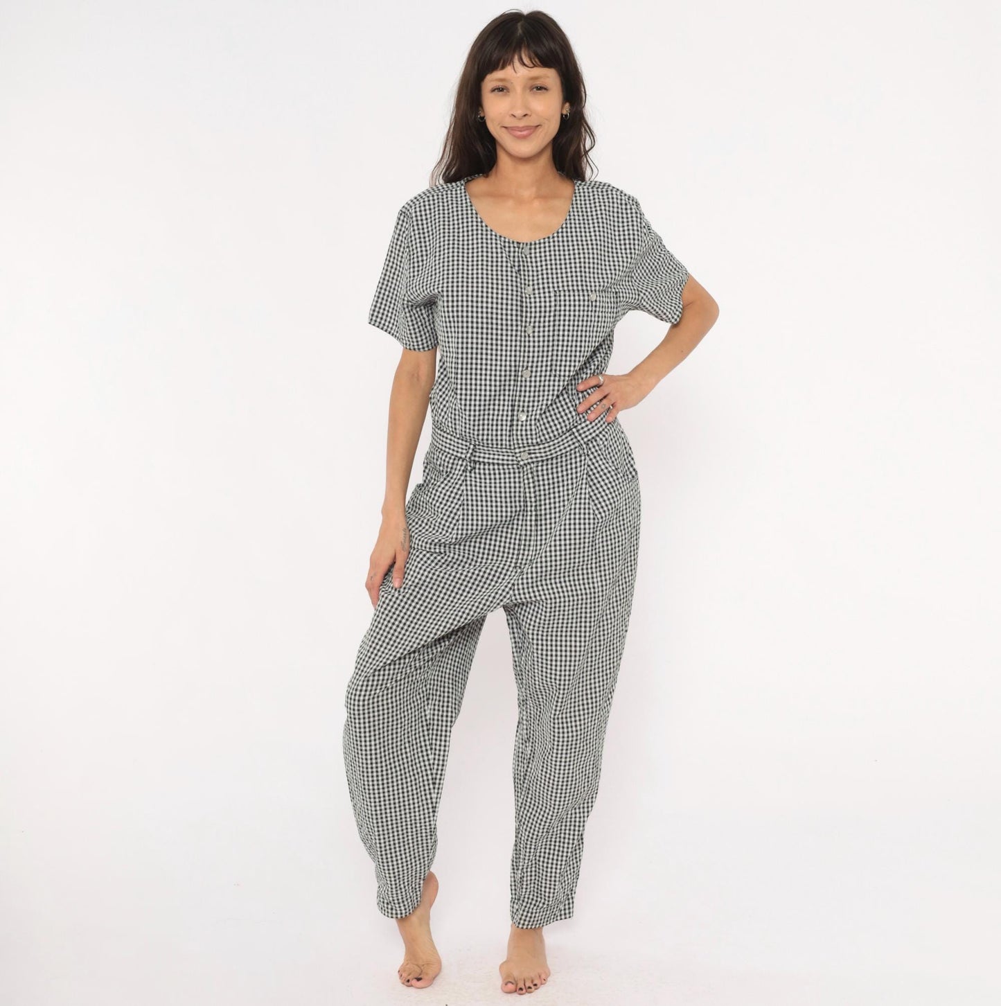 90s Lizwear Black White Gingham Cotton Jumpsuit Tapered Leg Large L