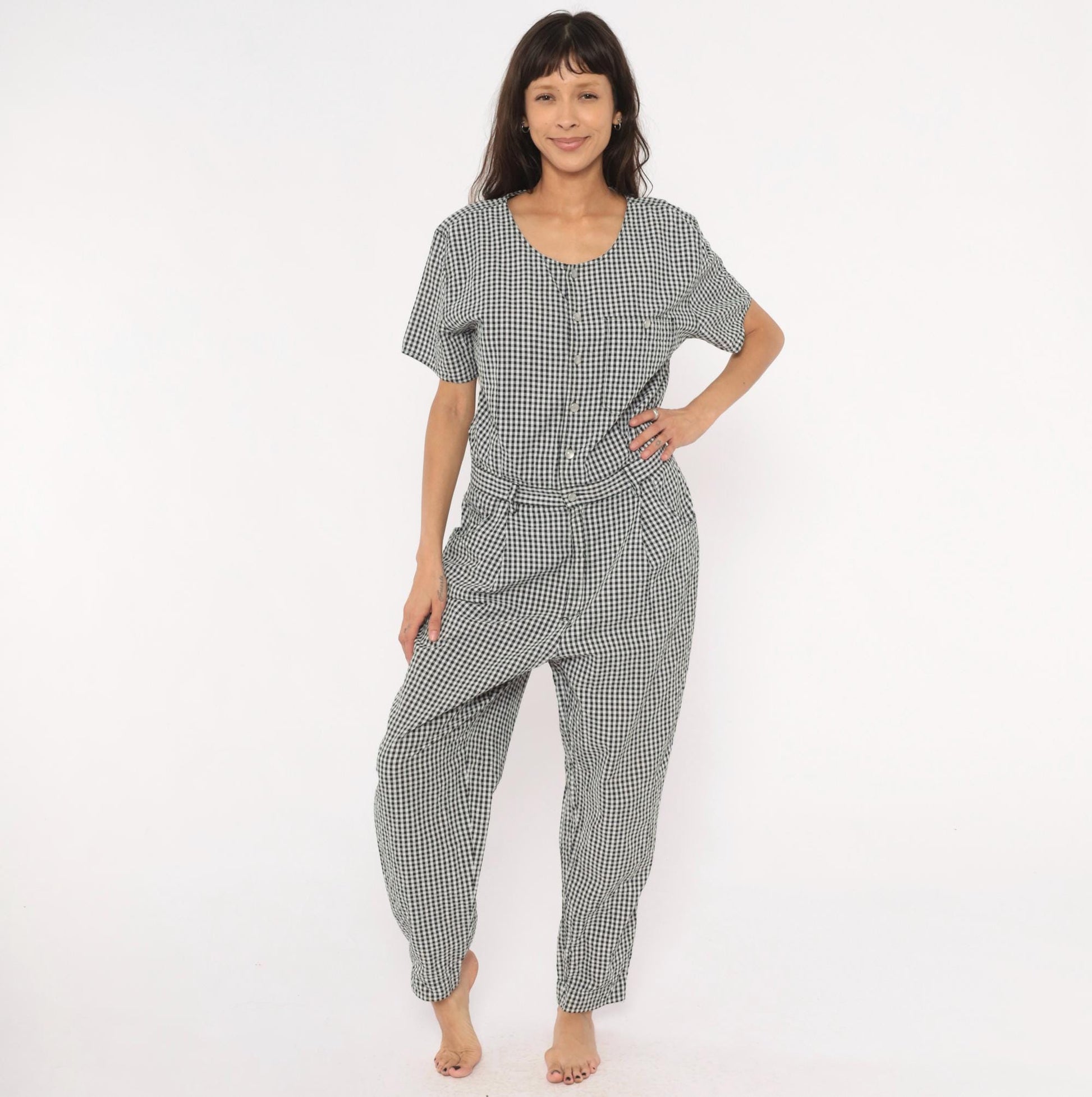 90s Lizwear Black White Gingham Cotton Jumpsuit Tapered Leg Large L