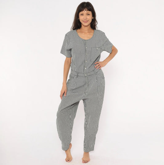 90s Lizwear Black White Gingham Cotton Jumpsuit Tapered Leg Large L