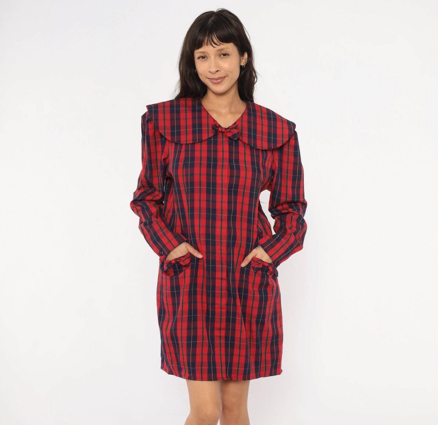 80s Sharon Young Plaid Shift Dress Red Navy Tartan Peter Pan Collar Large L