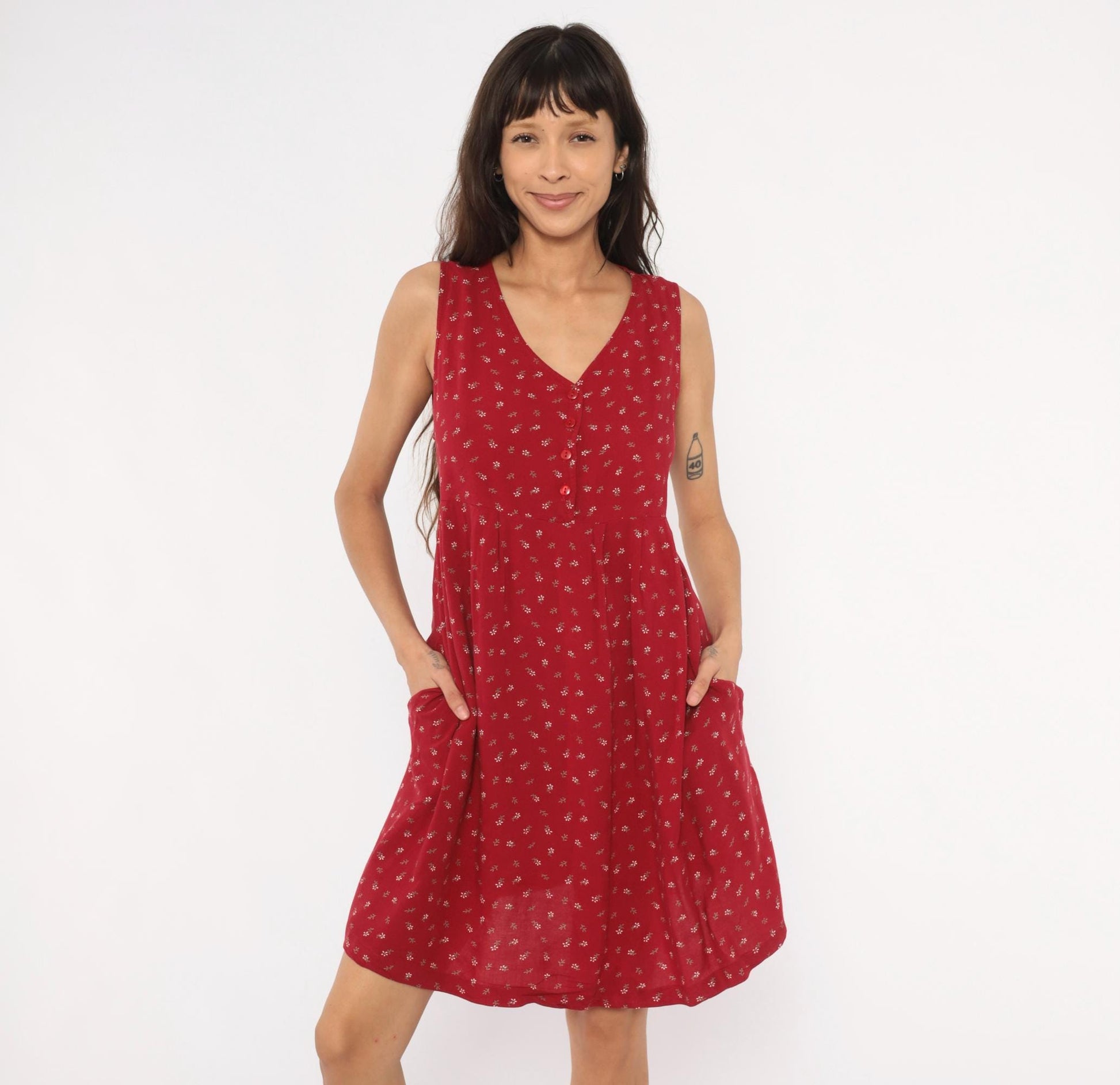 90s Motherhood Ditsy Floral Sundress Red Sleeveless Babydoll Medium M