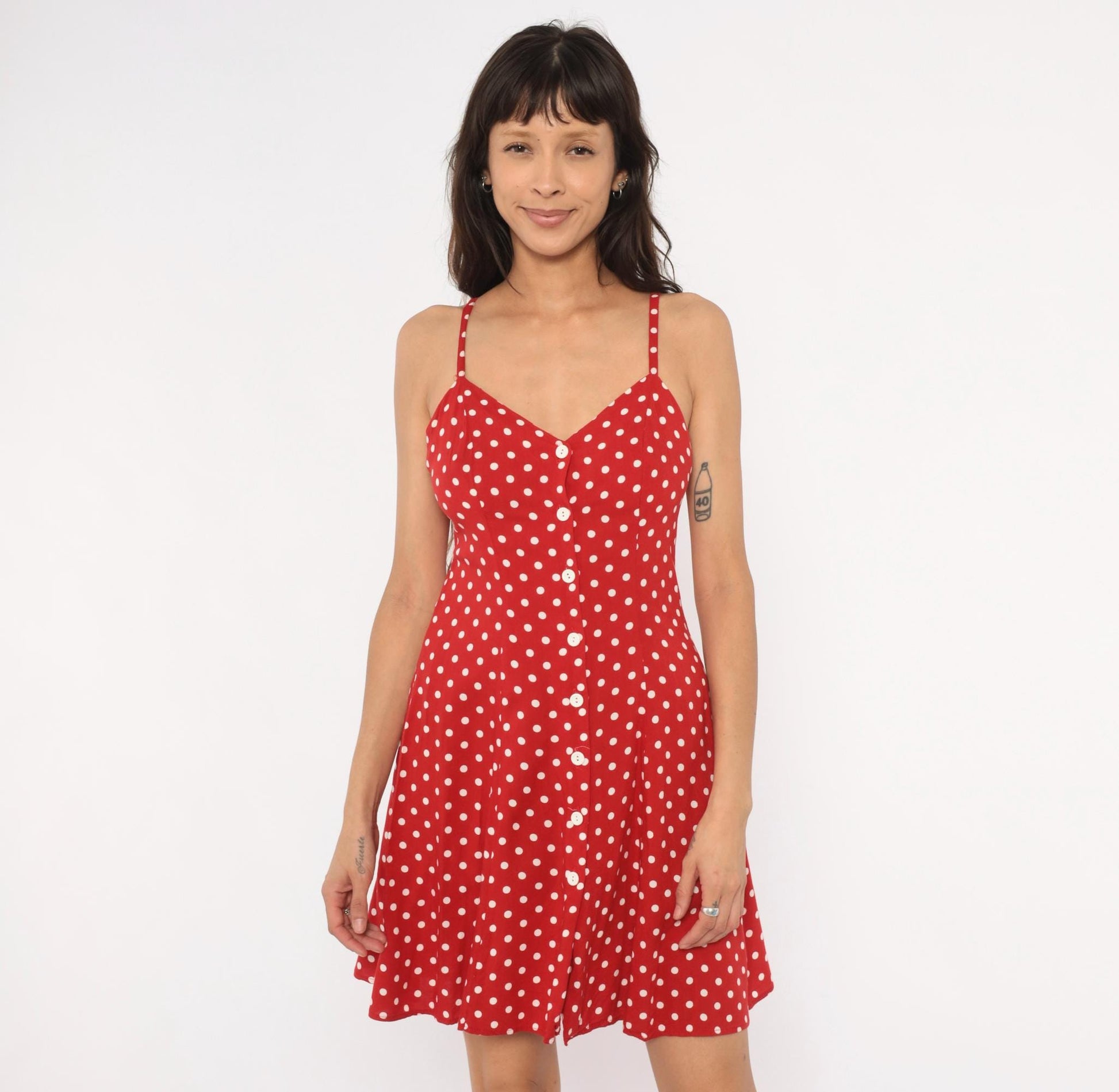 90s Moda INTL Red Polka Dot Sundress Spaghetti Strap V Neck Mini Small S