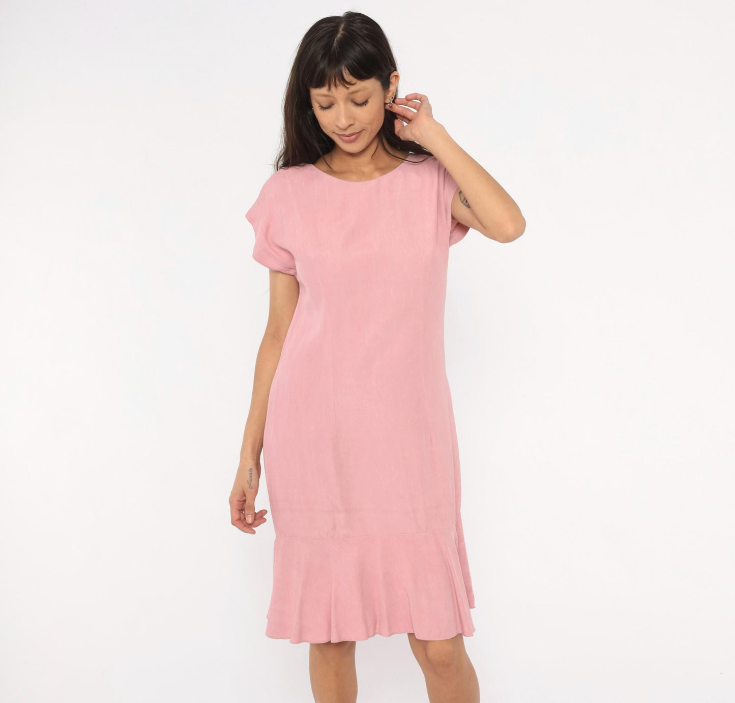 80s Damon Petite Dusty Rose Drop Waist Dress Cap Sleeve Knee Length Small S