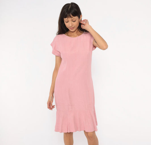 80s Damon Petite Dusty Rose Drop Waist Dress Cap Sleeve Knee Length Small S
