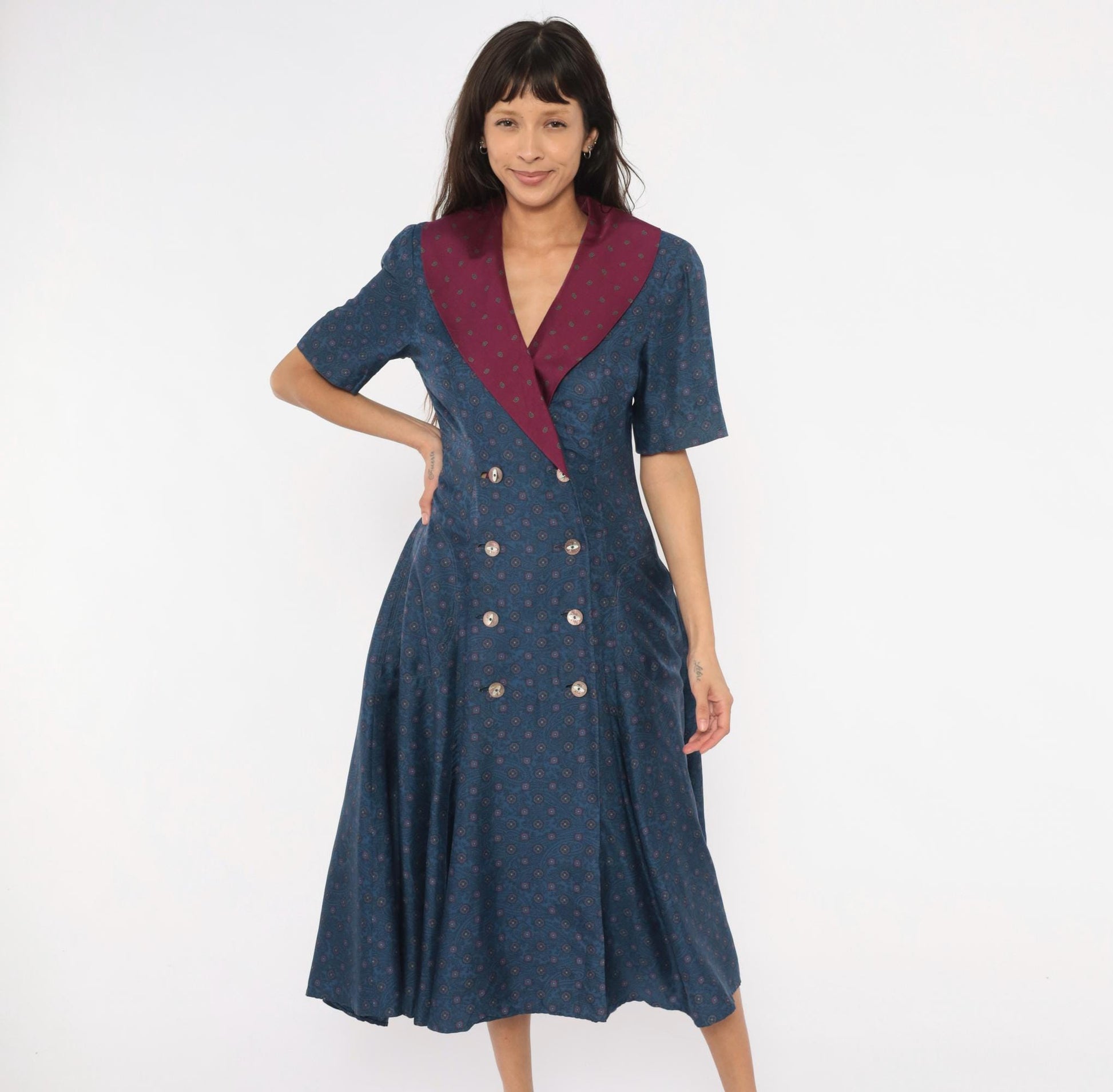 90s Donna Fredericks Navy Paisley Midi Dress Burgundy Shawl Collar Medium M