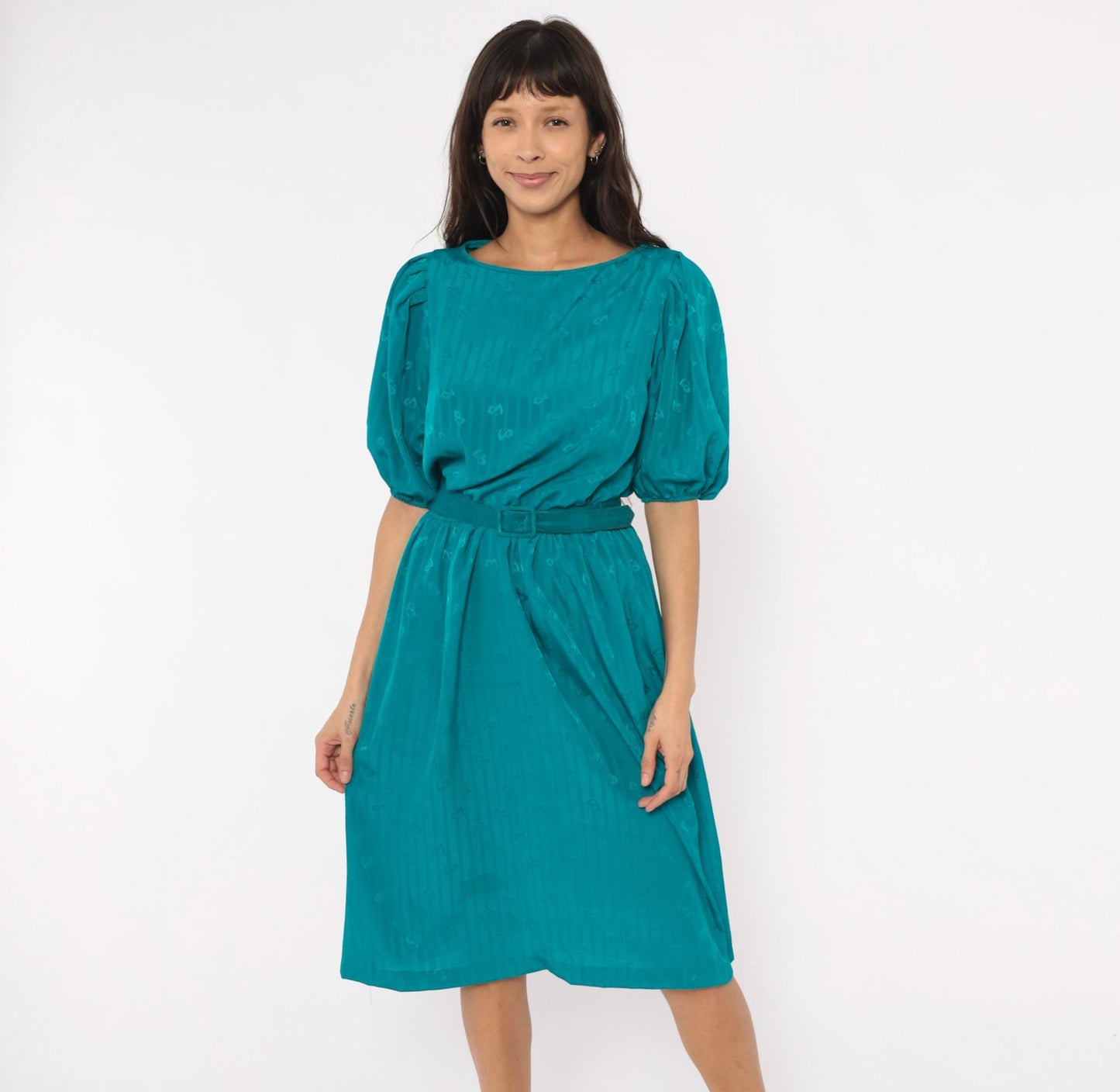 80s Liz Roberts Teal Jacquard Dress Puff Sleeve Boat Neck Knee-Length Medium