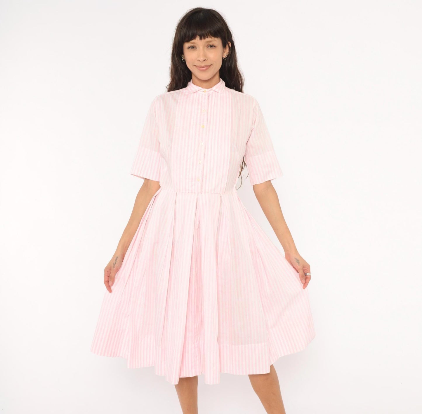 60s Pink White Striped Shirtdress Pleated Knee-Length Cotton Small