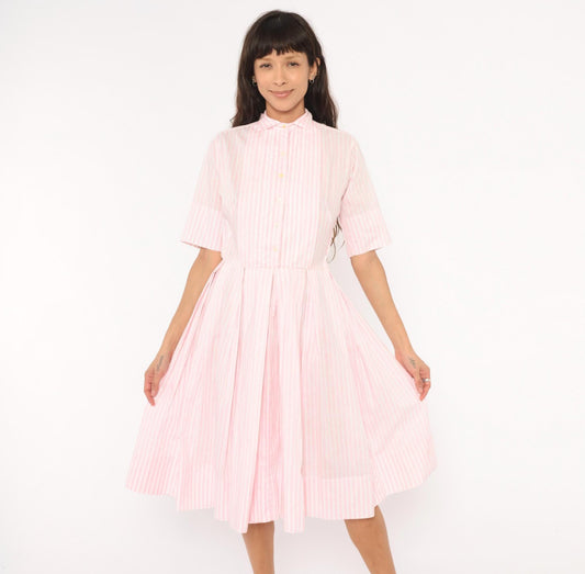 60s Pink White Striped Shirtdress Pleated Knee-Length Cotton Small
