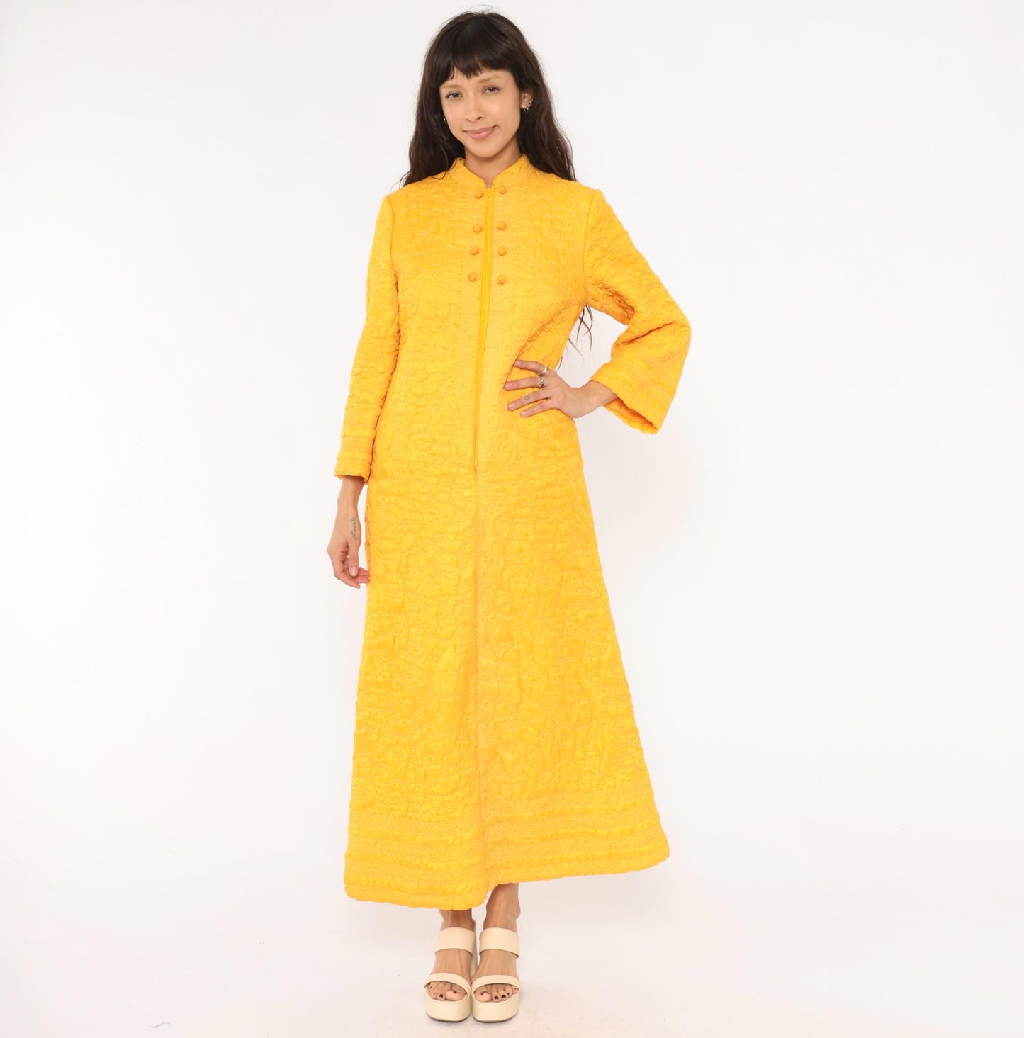 70s Golden Yellow Quilted Maxi Robe Mandarin Collar Floral Embroidered Medium
