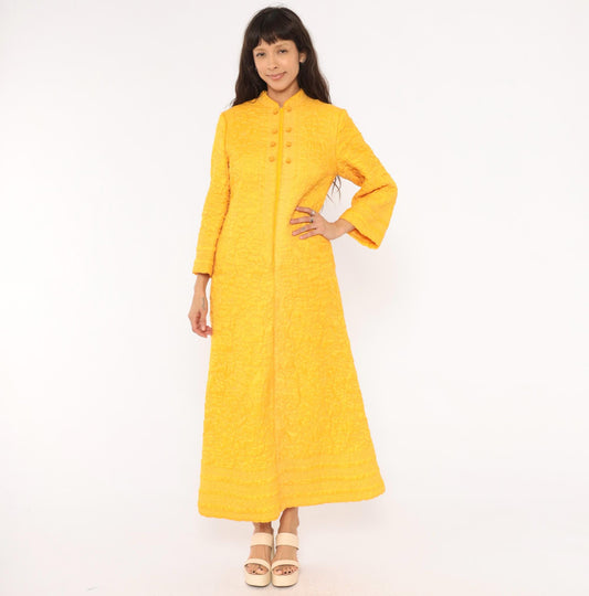 70s Golden Yellow Quilted Maxi Robe Mandarin Collar Floral Embroidered Medium