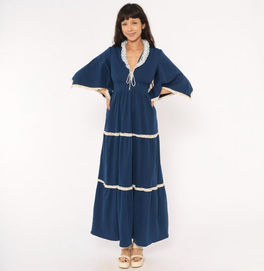 70s Navy Maxi Dress White Lace Trim Bell Sleeve Empire Waist Tiered Skirt Medium