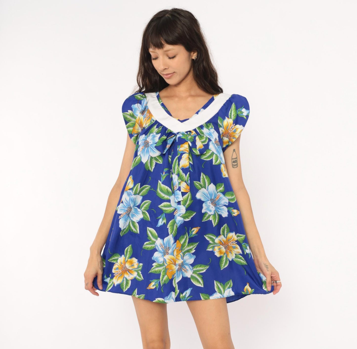 80s Hilo Hatties Hawaiian Floral Mini Dress Cobalt Blue Hibiscus Small S