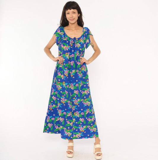 80s Hilo Hatties Hawaiian Maxi Dress Cobalt Blue Floral Palm Leaf Medium