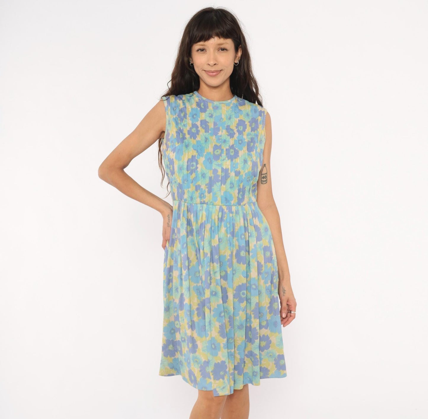 60s Carol Brent Floral Pleated Dress Blue Violet Yellow Knee-Length Medium M