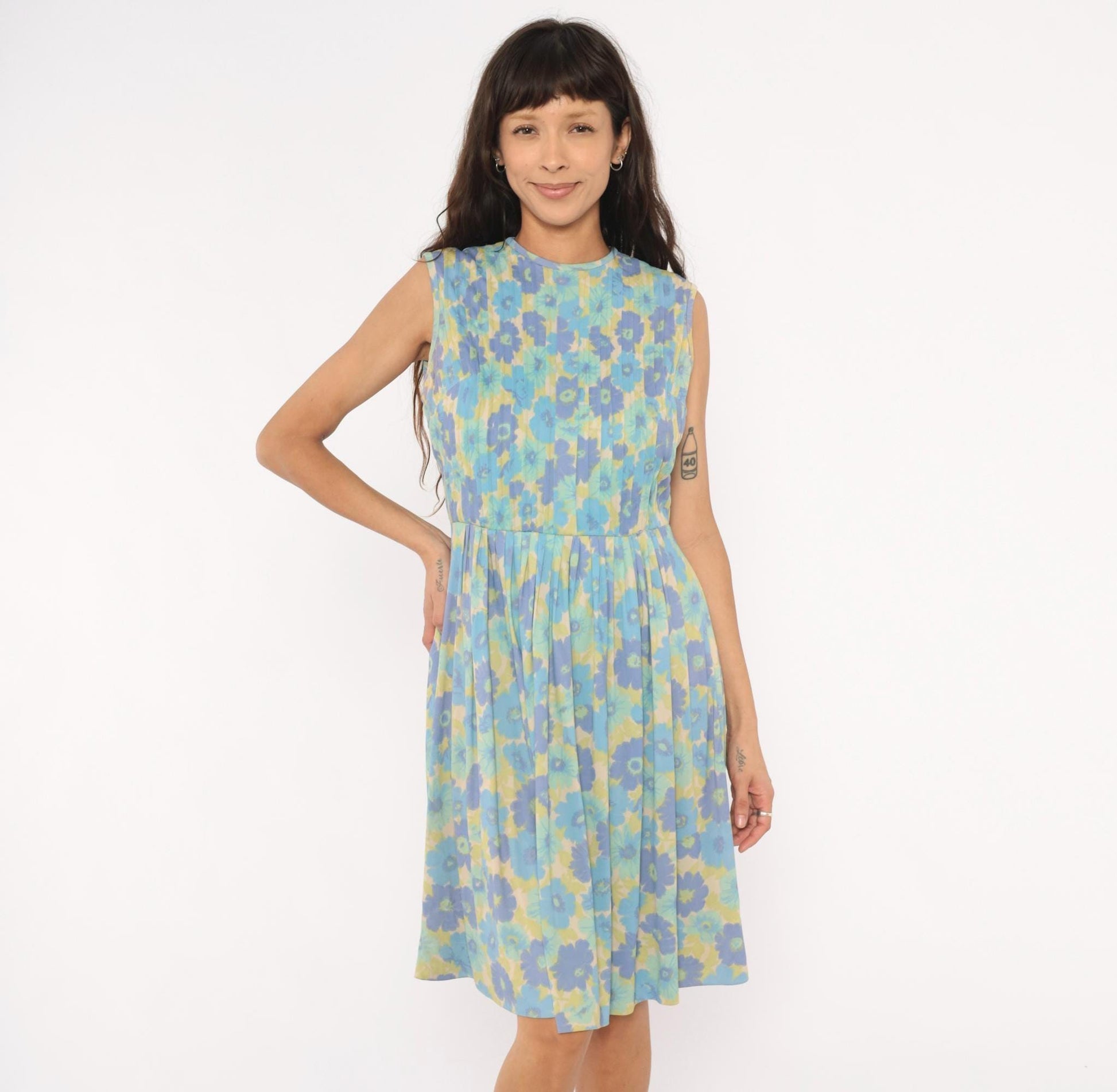 60s Carol Brent Floral Pleated Dress Blue Violet Yellow Knee-Length Medium M