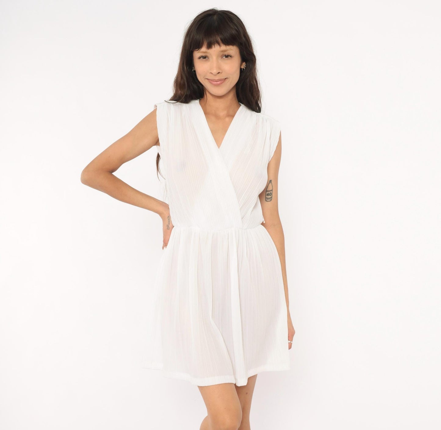 80s Jenny White Pleated Wrap Dress Chiffon V Neck Cap Shoulder Mini Small Medium