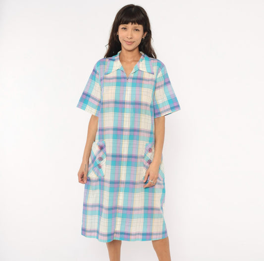70s Pastel Plaid Zip-Front Housecoat Shift Dress Aqua Purple Knee Length Extra Large