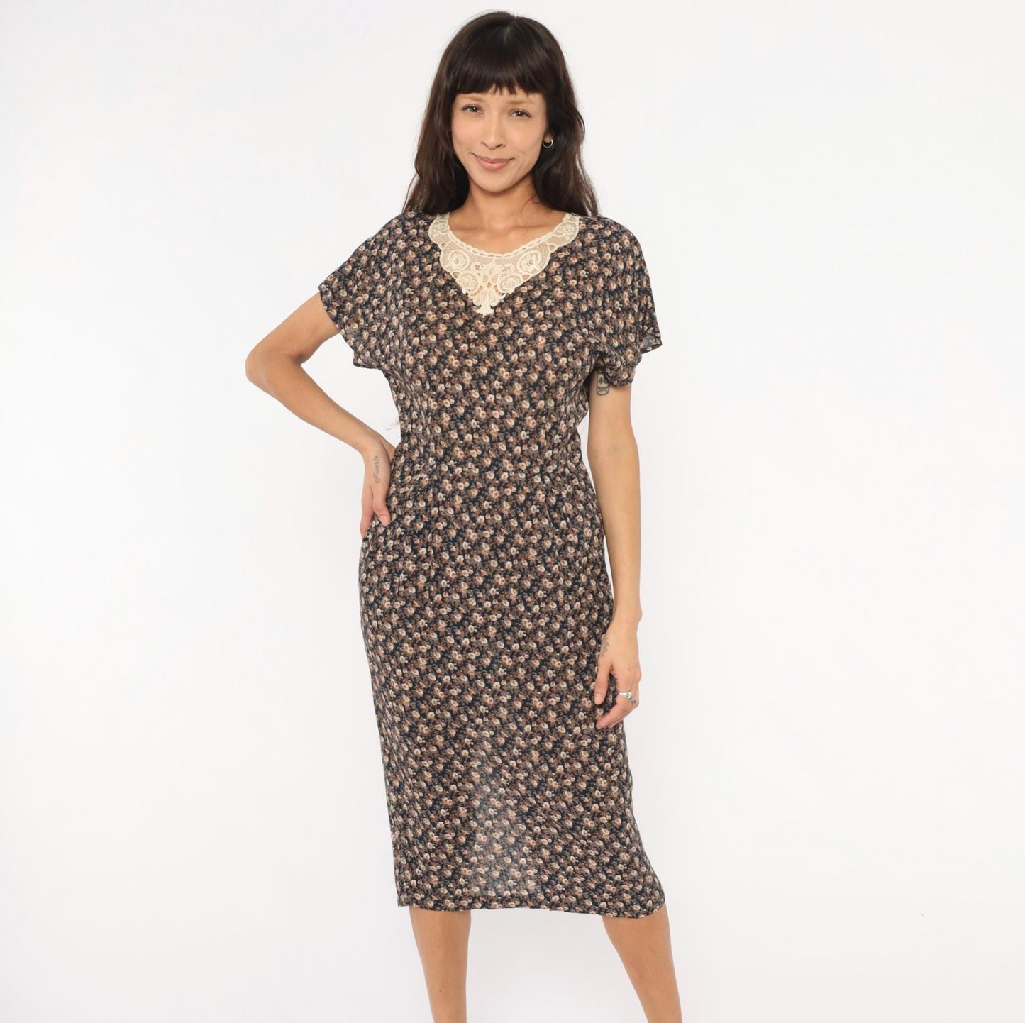 90s E.D. Michaels Navy Ditsy Floral Midi Dress Crochet Collar Small