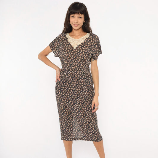 90s E.D. Michaels Navy Ditsy Floral Midi Dress Crochet Collar Small