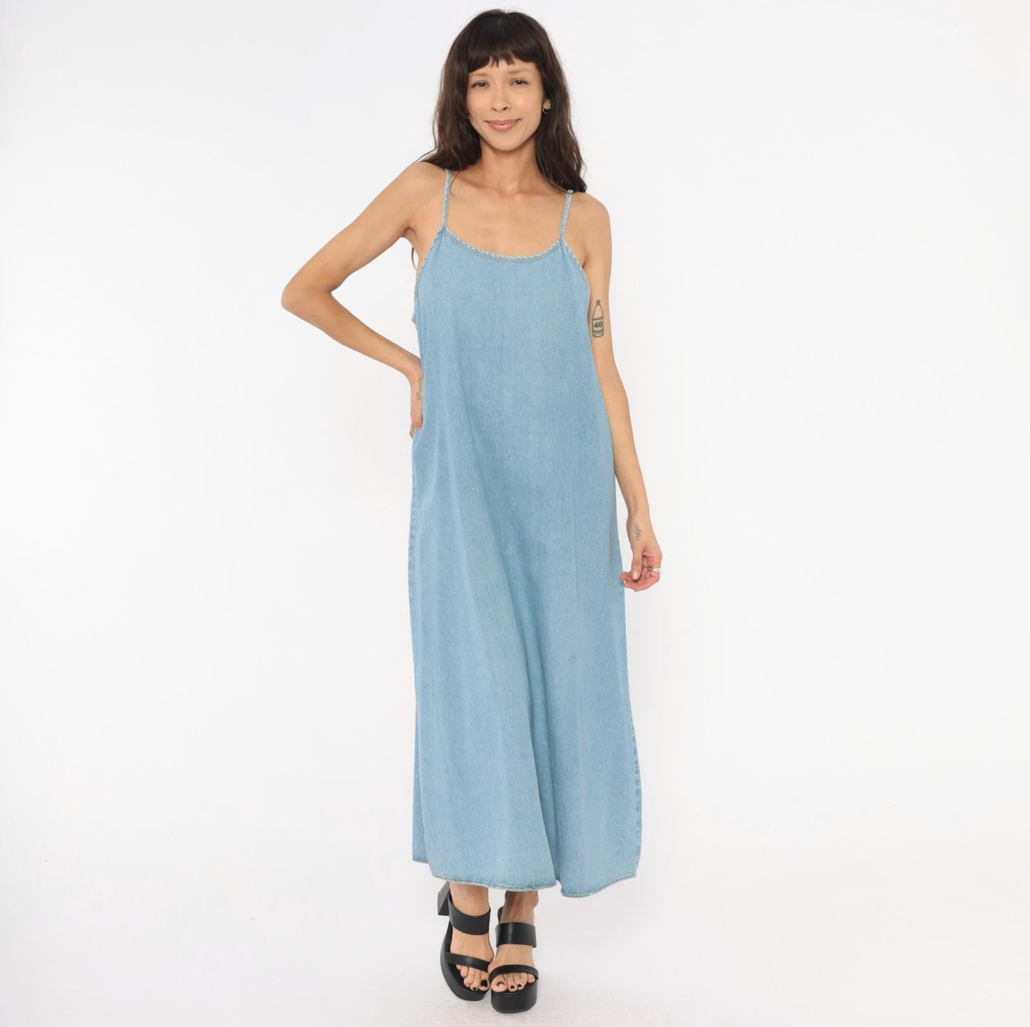 90s Kathie Lee Light Wash Denim Maxi Slip Dress Spaghetti Strap Medium