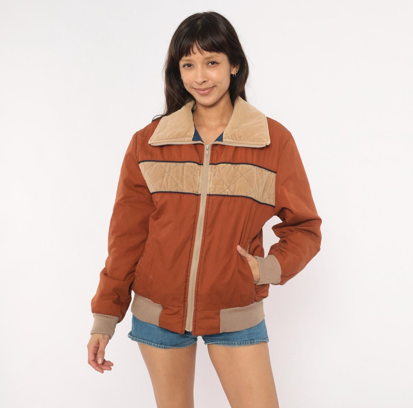 70s Golden Bay Ski Bomber Jacket Rust Brown Corduroy Color Block Small