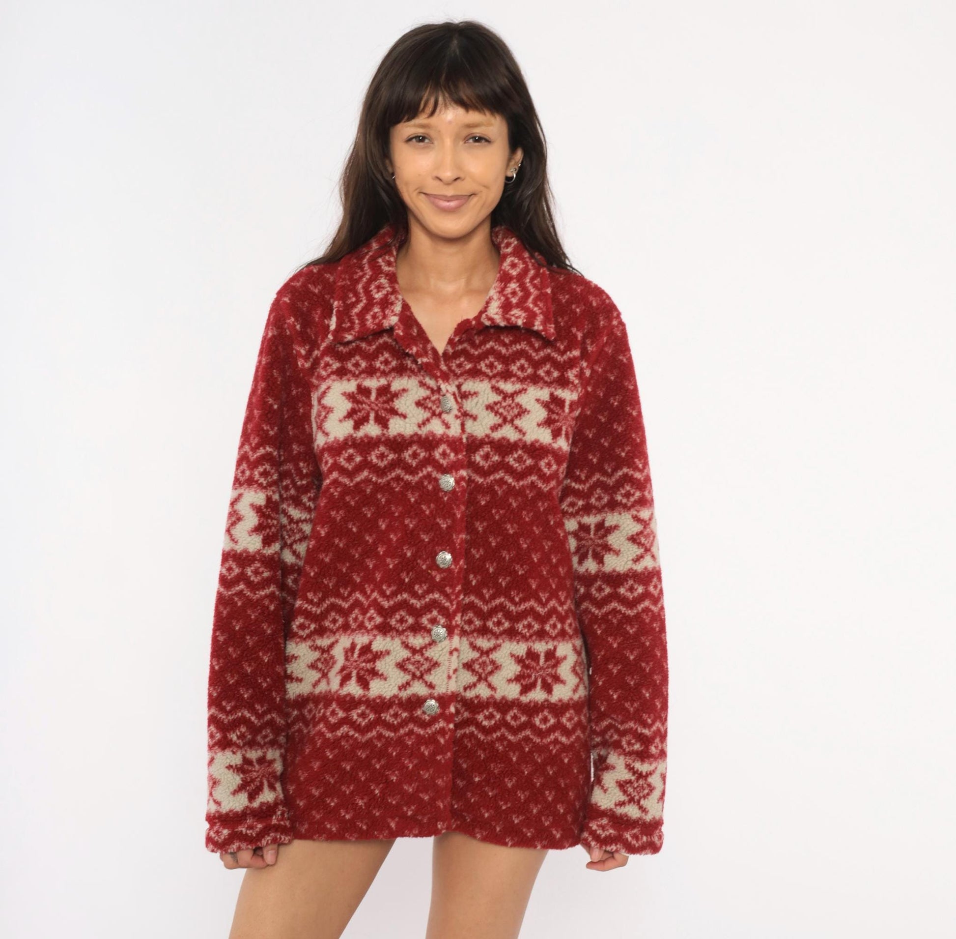 90s White Stag Nordic Fleece Shacket Cranberry Snowflake Fair Isle Large L