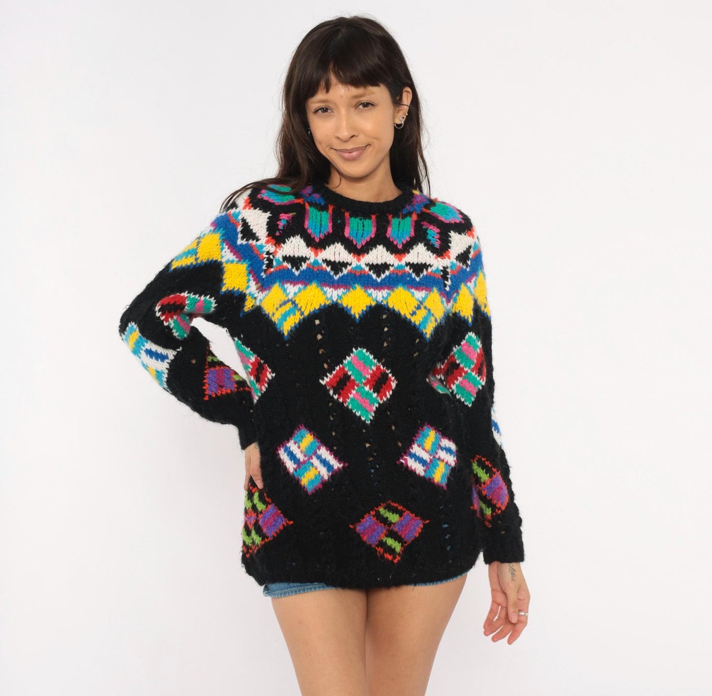 90s Kitty Hawk Fair Isle Sweater Black Multicolor Diamond Pullover Small S