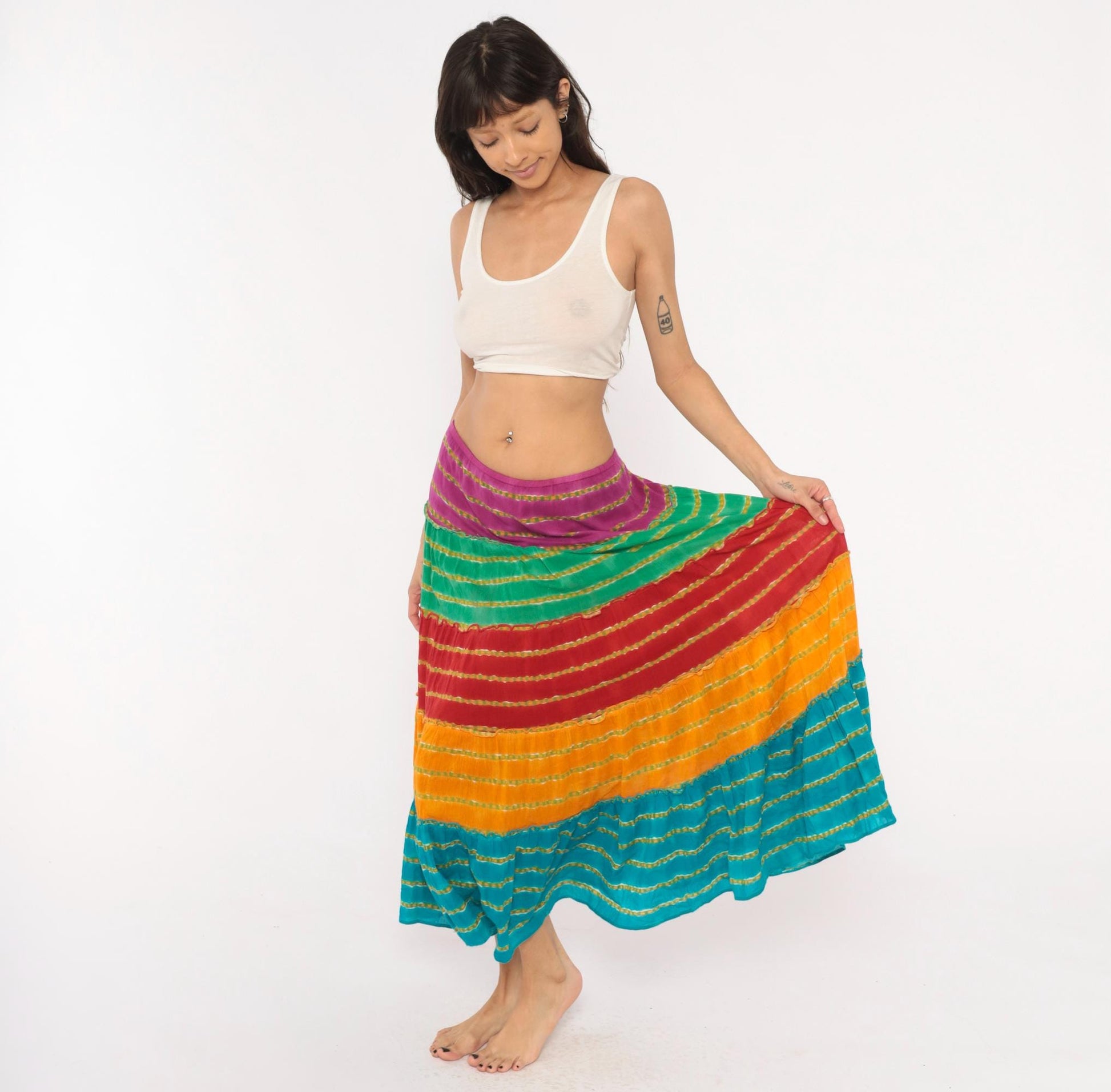 90s Rainbow Broomstick Maxi Skirt Tiered Striped Cotton Crinkled Extra Large XL