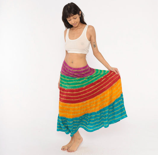 90s Rainbow Broomstick Maxi Skirt Tiered Striped Cotton Crinkled Extra Large XL