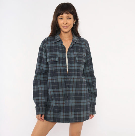 L.L.Bean 2000s Plaid Flannel Shirt Navy Burgundy Cotton Large