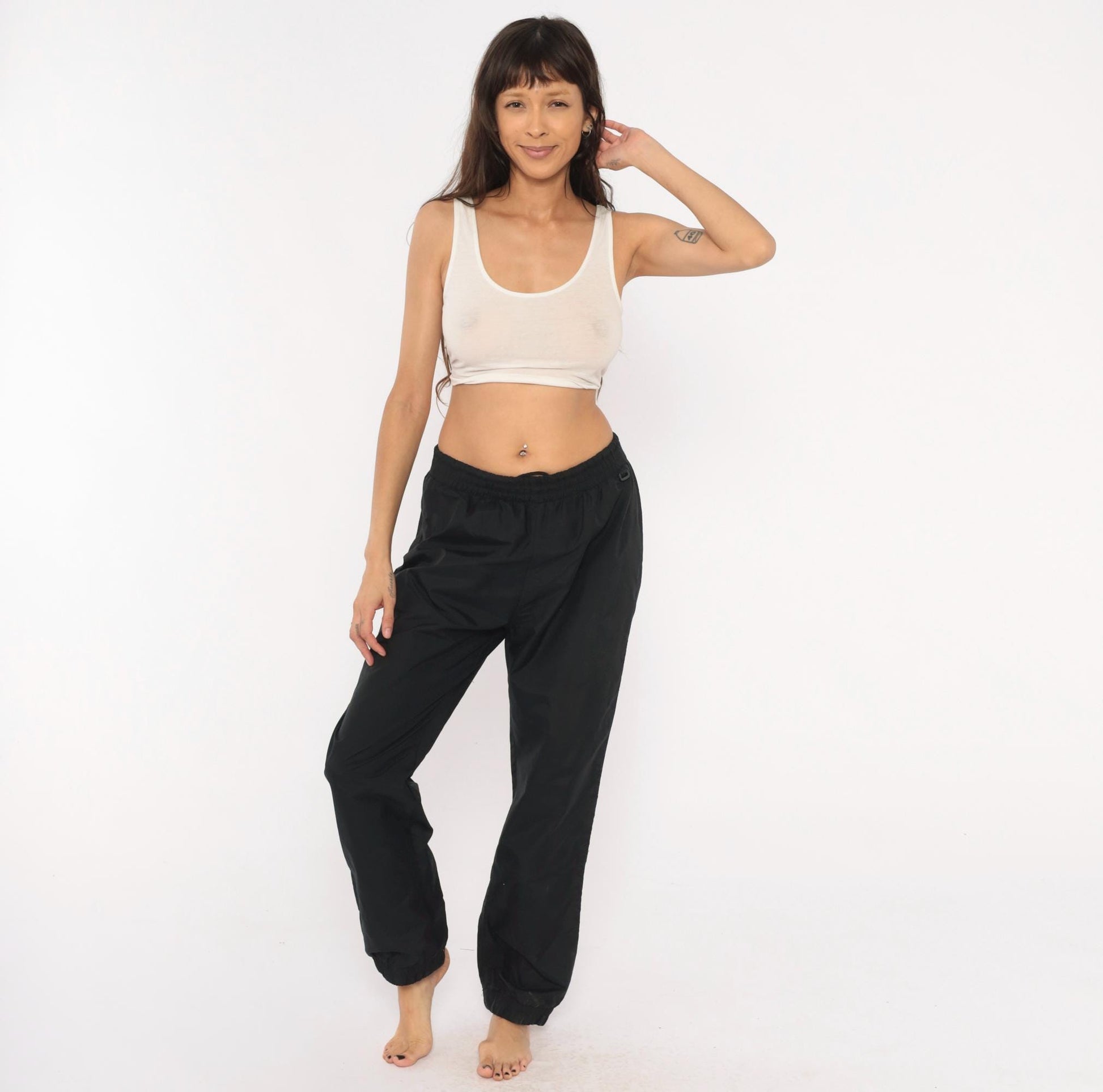 90s Sportina Black Nylon Track Pants Tapered Joggers Medium M