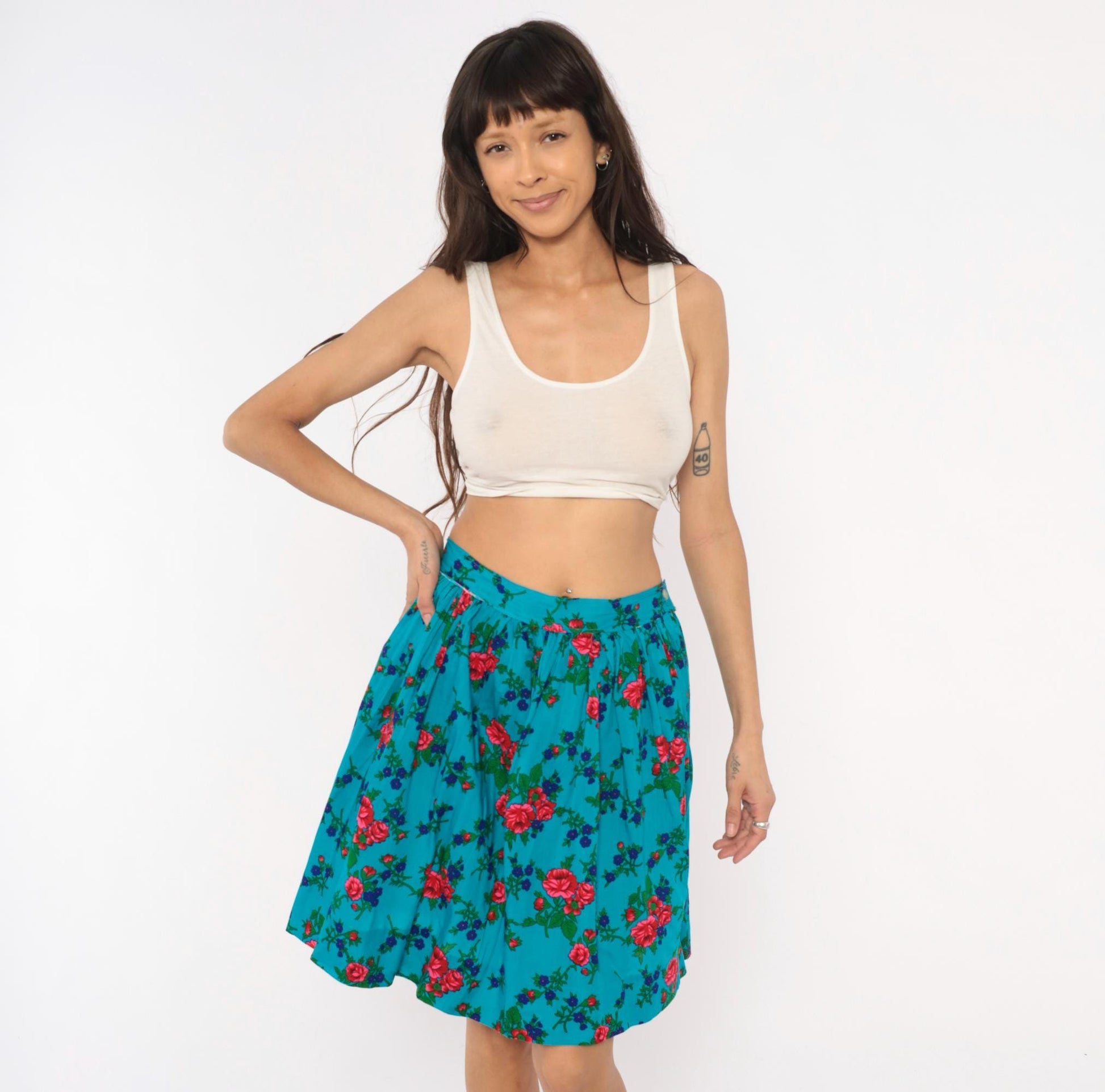 70s Teal Floral Cotton Mini Skirt High-Waisted A-Line Button Back Small S