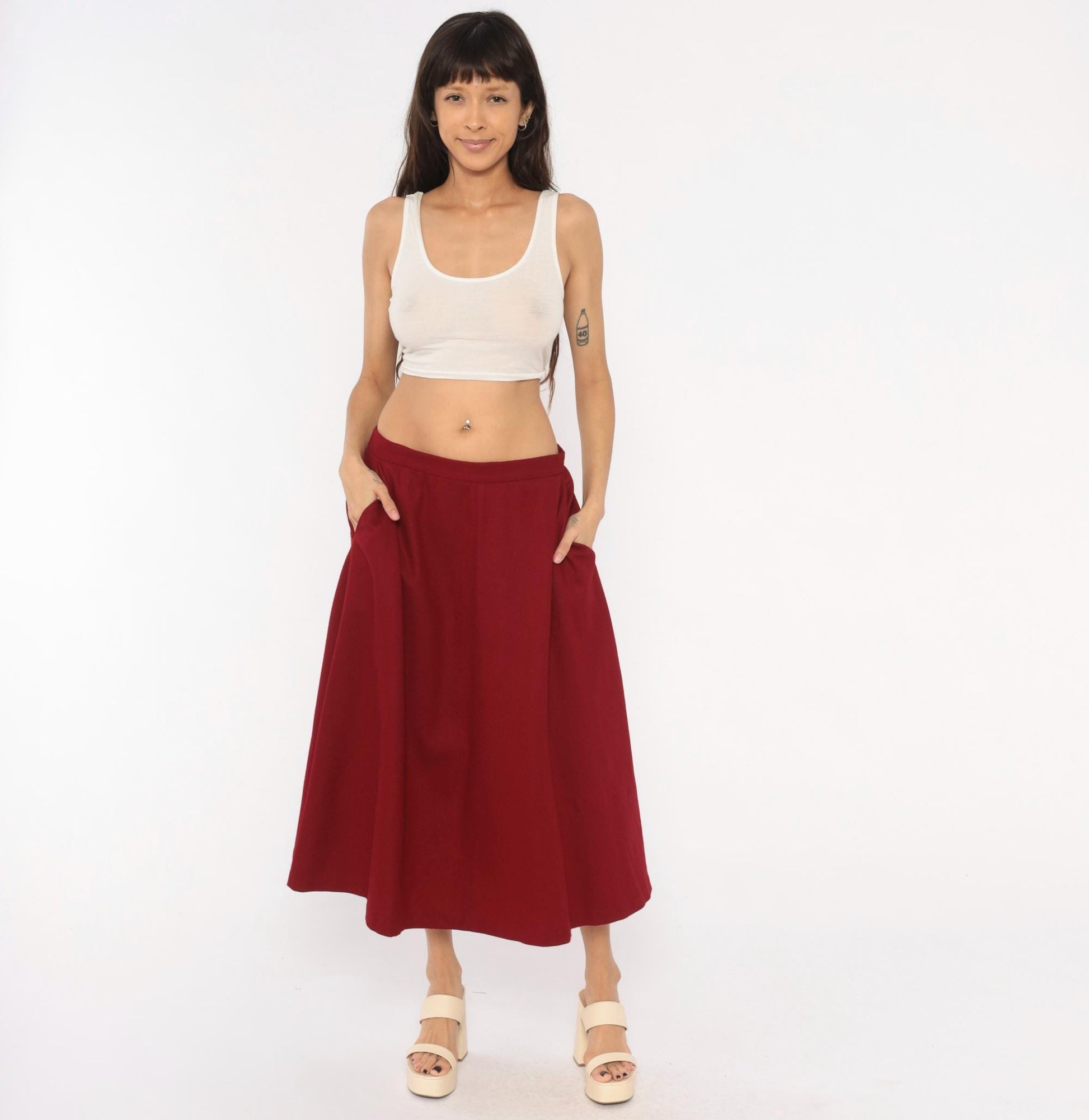 80s Koret Burgundy Wool Midi Skirt A-Line High Waist Large L